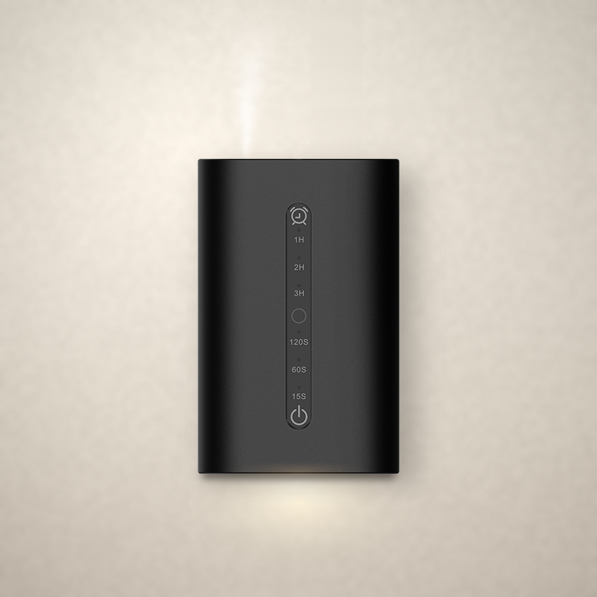 Phynix Fire Studios Waterless Diffuser MINI in black aluminum alloy, front view, plugged into a wall outlet