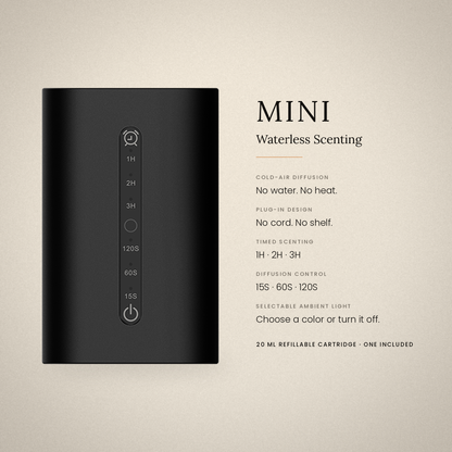 Waterless Diffuser MINI feature overview: cold-air waterless diffusion, plug-in design, 1H 2H 3H timers, 15S 60S 120S diffusion intervals, selectable ambient light, 20 mL refillable cartridge