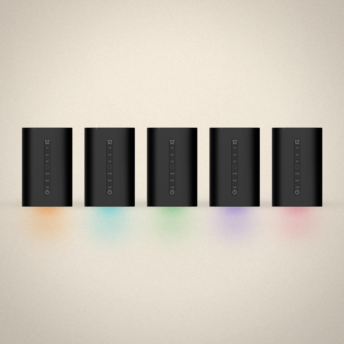 Waterless Diffuser MINI shown with selectable ambient light in amber, cyan, green, violet and rose — or switched off