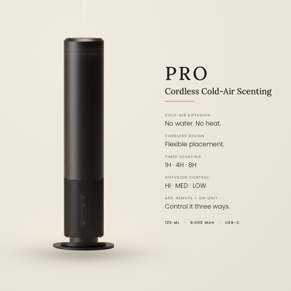 Waterless Diffuser PRO feature overview: cold-air waterless diffusion, cordless design, 1H 4H 8H timers, HI MED LOW diffusion control, app remote and on-unit control, 120 mL and 9000 mAh USB-C