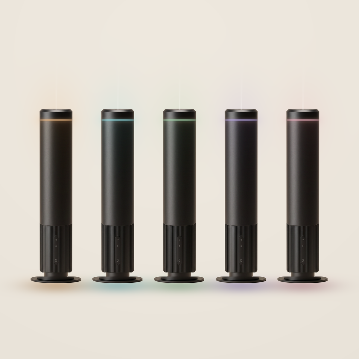 Waterless Diffuser PRO shown with selectable ambient light ring in amber, cyan, green, violet and rose — or switched off