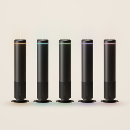 Waterless Diffuser PRO shown with selectable ambient light ring in amber, cyan, green, violet and rose — or switched off