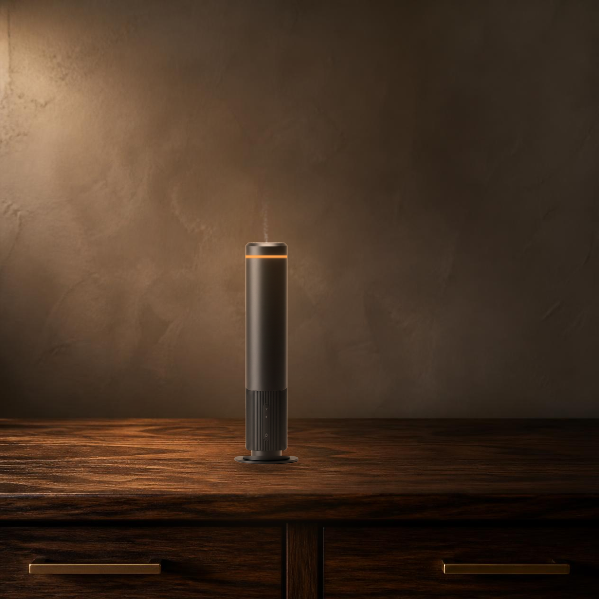 Waterless Diffuser PRO on a walnut credenza in a warm residential interior with amber ambient light ring