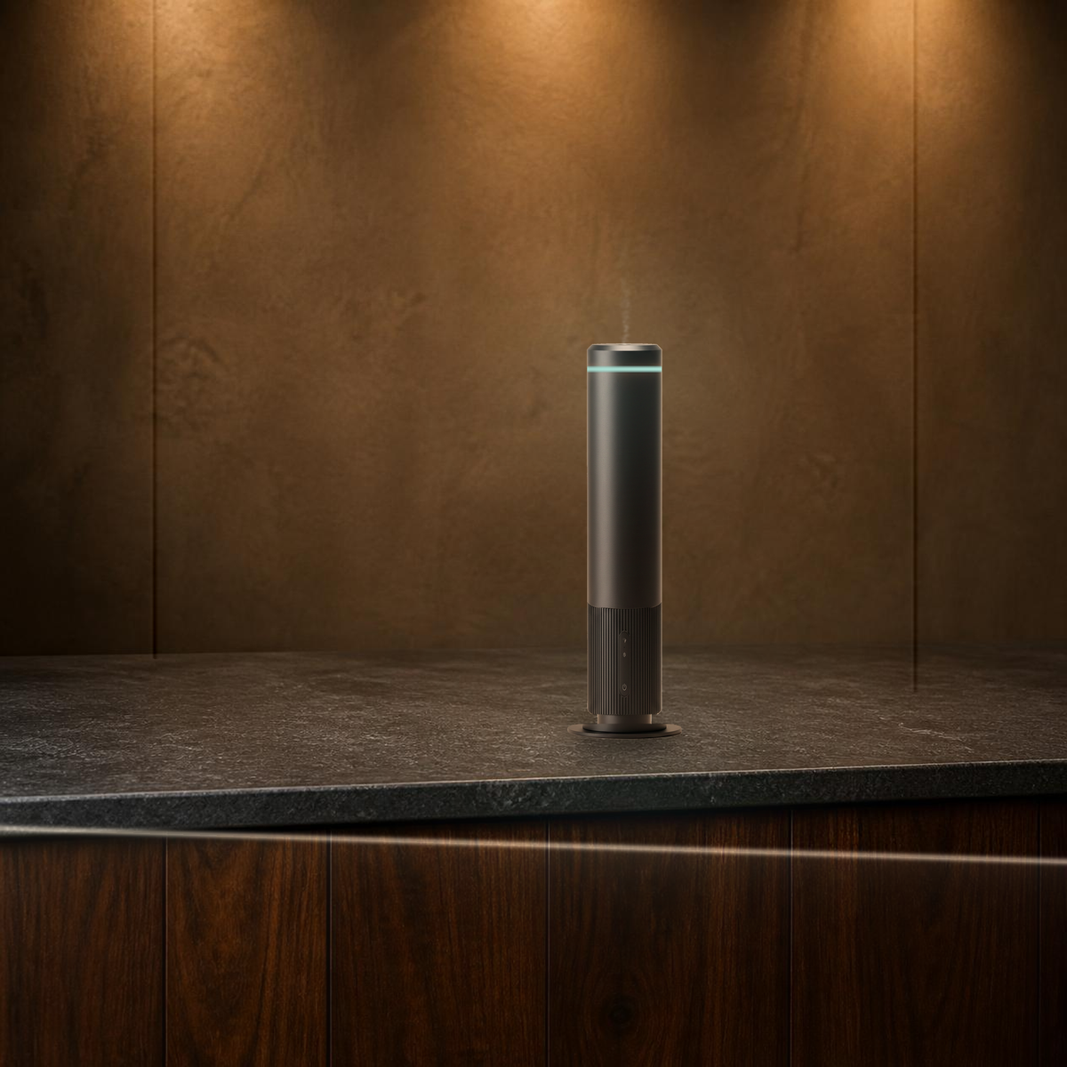 Waterless Diffuser PRO set into a stone reception counter in a premium commercial space with desaturated cyan ambient light