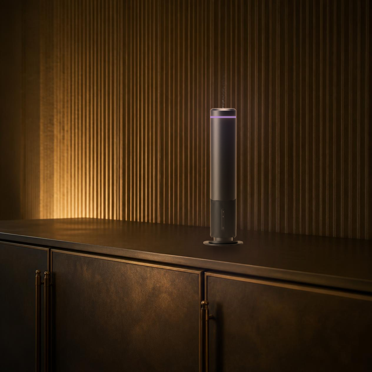Waterless Diffuser PRO on a credenza against a fluted timber wall in a hospitality interior with violet ambient light